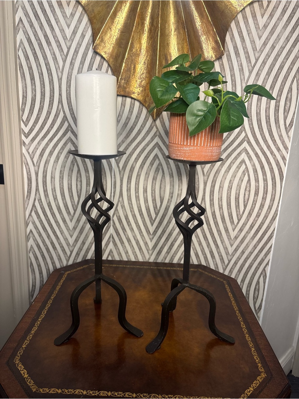 Two vintage wrought iron bronze candle stick holders
